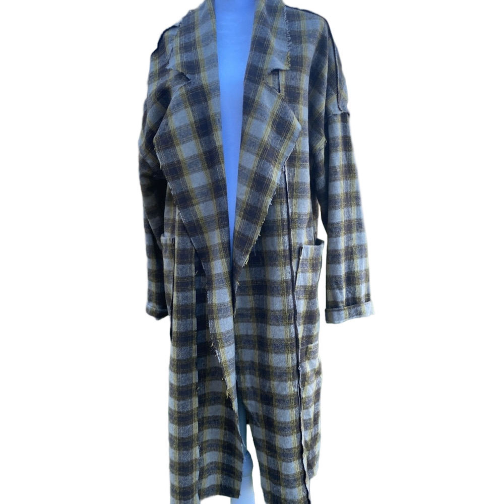 POL Checkered Trench Coat Olive and Charcoal